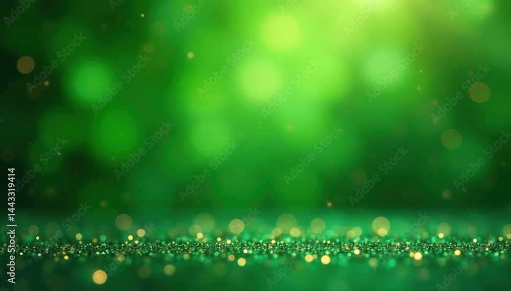 Obraz premium Abstract green backdrop, shimmering golden bokeh, sparkling dust , design, luxurious, shiny