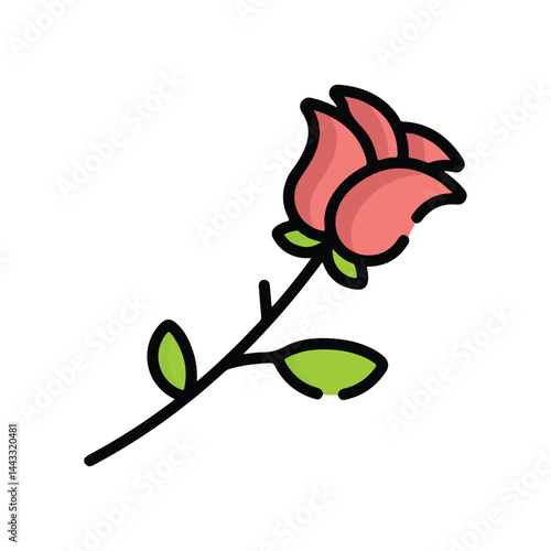 Rose Flower With Leaves And Thorny Stem - cut out vector silhouette