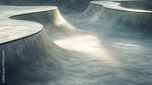 A close-up of a modern skatepark with smooth, flowing concrete surfaces reflecting light.