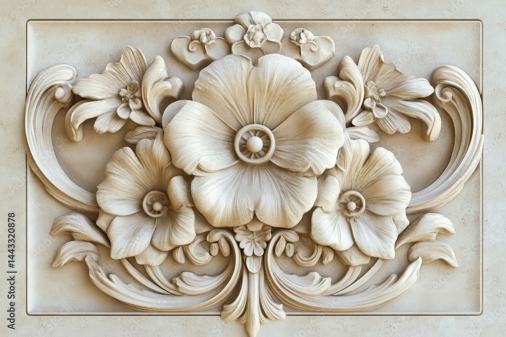 Ornate floral carving design on a light beige surface. Ornate floral carving design on a light beige surface.