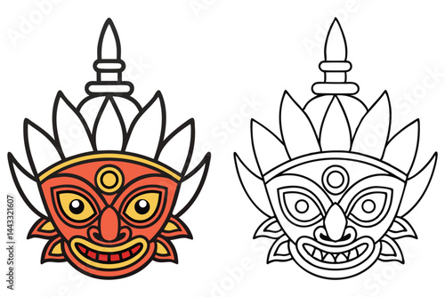 Traditional tribal mask is seen in color and line art versions over white background