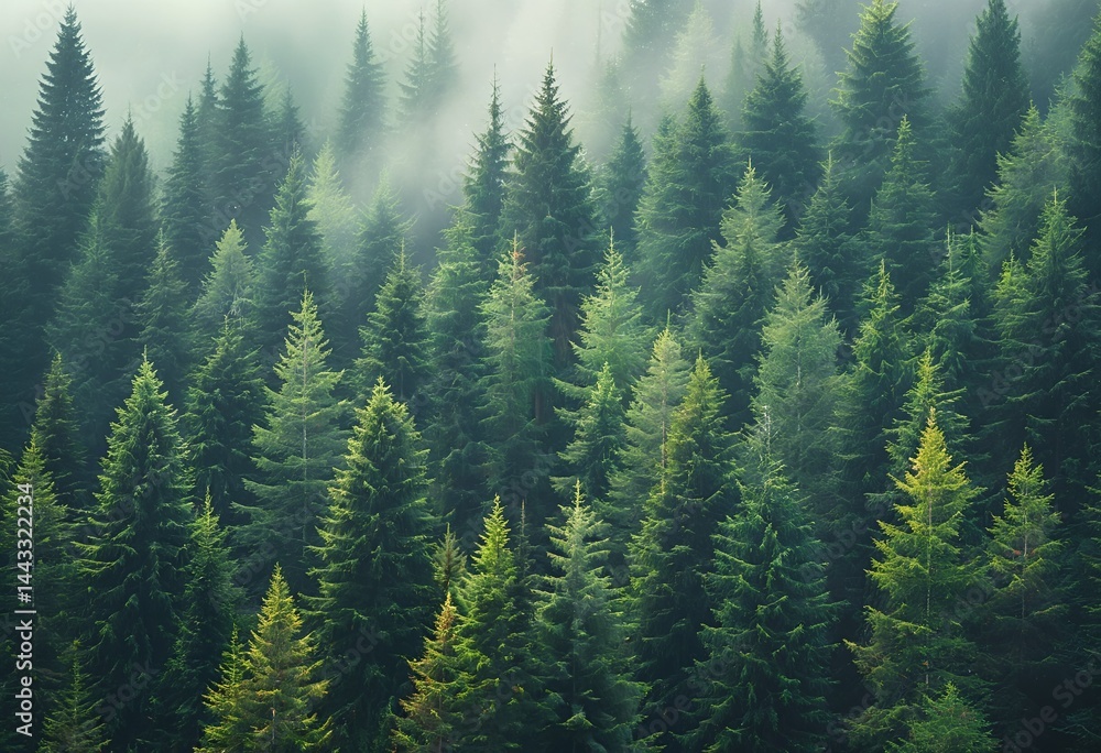 Fototapeta a dense evergreen forest fades into a soft mist, creating a serene and atmospheric landscape.