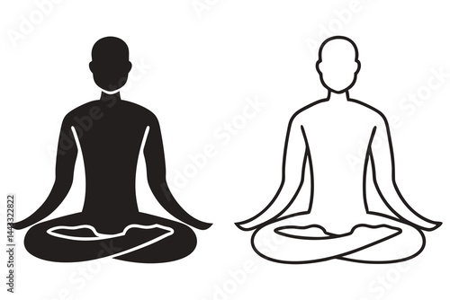 Two yoga position variations show black silhouette and outline figure sitting in lotus pose