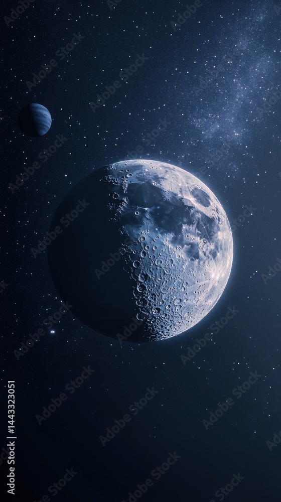 Fototapeta premium A stunning view of a celestial landscape featuring a detailed moon and distant planet against a starry backdrop.