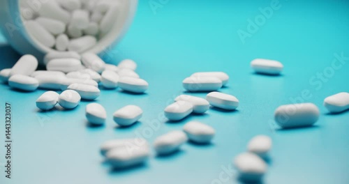 Slow motion close-up of white pills spilling from a bottle held by hand against solid blue background. Dynamic medical scene with scattered falling tablets.