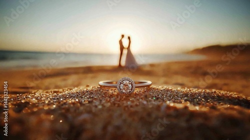 Wedding rings resting on sandy beach, a romantic setting.