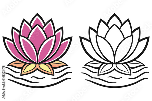 The pink lotus flower and its line art version sit above water waves