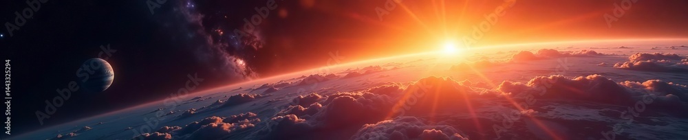 Fototapeta premium Stunning view of Earth at sunrise in outer space, celestial beauty, sunrise, galaxy