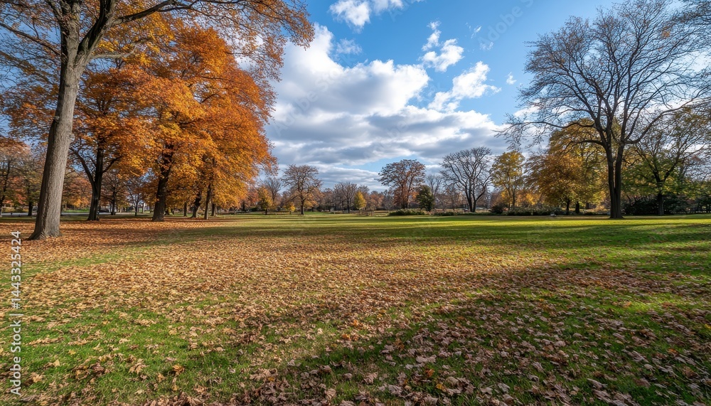 Naklejka premium Autumn park scene with colorful foliage. Lush green grass covered with fallen leaves under a partly cloudy sky, with deciduous trees in vibrant autumn colors. Tranquil parkland