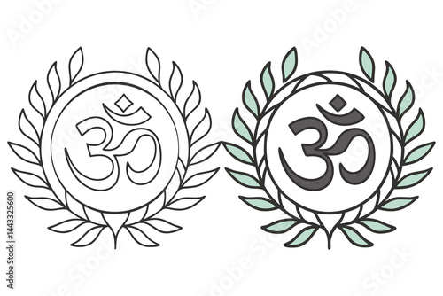 Outlined symbol and colored symbol encircled by leaves show different styles on white background