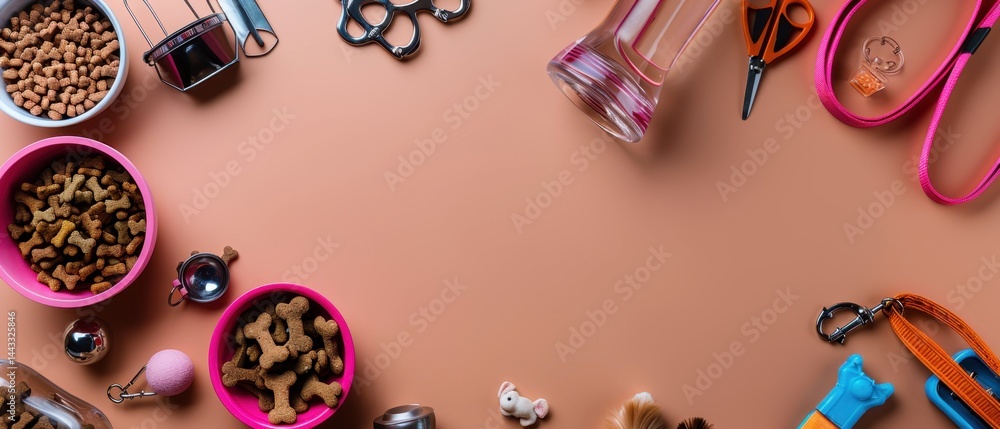Colorful Pet Supplies and Accessories for Dogs and Cats on a Trendy Pink Background