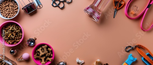 Obraz na płótnie Colorful Pet Supplies and Accessories for Dogs and Cats on a Trendy Pink Background w salonie