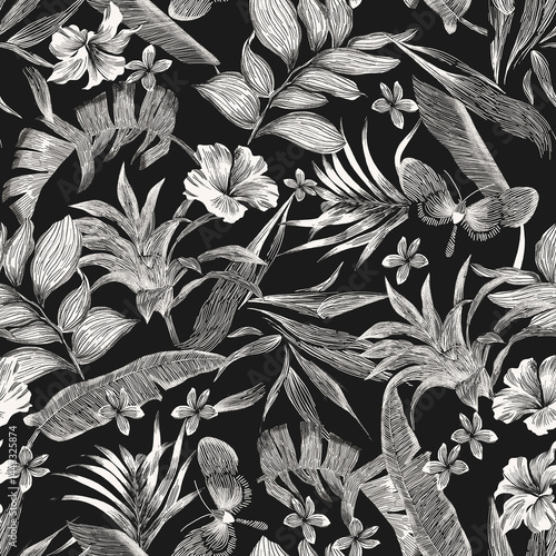 black and white floral seamless pattern