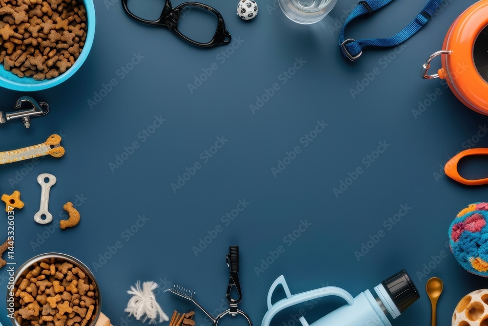 Assorted Pet Supplies on Dark Blue Background with Food Bowls, Toys, and Accessories for Animals