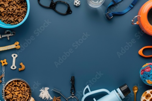 Obraz na płótnie Assorted Pet Supplies on Dark Blue Background with Food Bowls, Toys, and Accessories for Animals w salonie