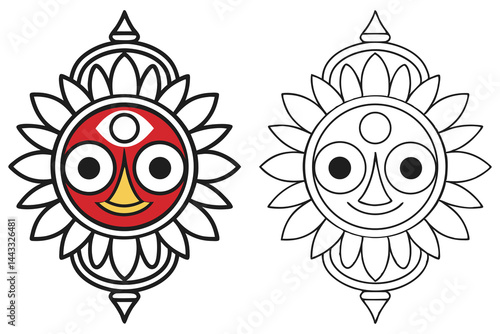 Jagannath face in color and line art showcases traditional Indian art forms nicely