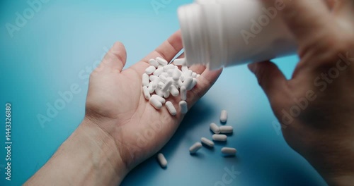 Close-up slow motion shot of white pills being poured into a hand against a solid blue background. Medical and pharmaceutical concept with clean composition.