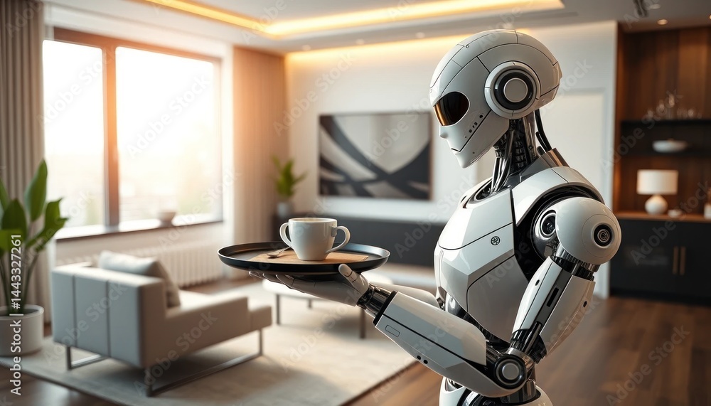 Futuristic robotic butler serving coffee in a modernly designed apartment Futuristic robotic butler serving coffee in a modernly designed apartment