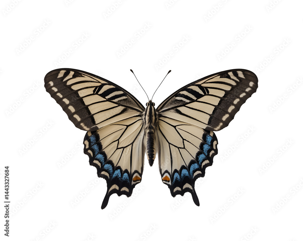 Fototapeta premium A Captivating Zebra Longwing Butterfly in Flight, Detailed View of Graceful Wings and Intricate Patterns Against a Clean Backdrop, Revealing its Beauty