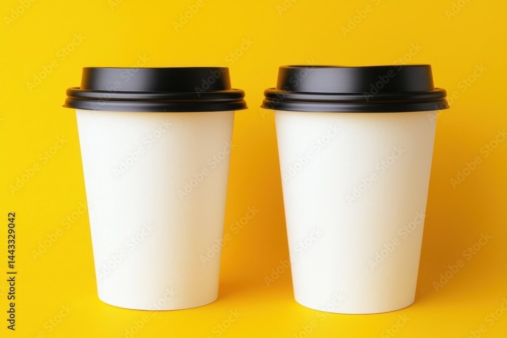 Two Blank Coffee Cups on Bright Yellow Background for Design Use Two Blank Coffee Cups on Bright Yellow Background for Design Use