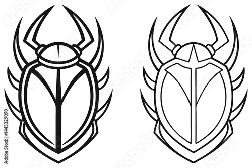 Two stylized scarab beetles with geometric wing patterns are presented on a white background