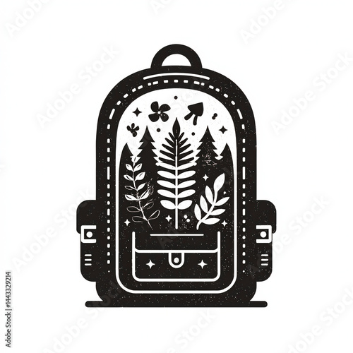 Bold black vector icon of a backpack with nature elements inside, filled shapes and clean outline, symbolizing eco-tourism travel, on a white background