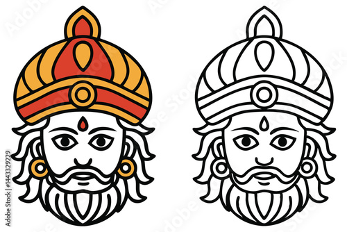 Two cartoon faces show an Indian man wearing an ornate crown; one is colored