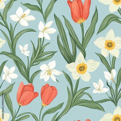 Wallpaper Mural Seamless spring-themed pattern with vibrant flowers, fresh leaves, and soft pastel colors. Ideal for Easter, nature designs, and seasonal branding. Torontodigital.ca