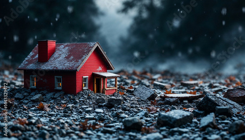 Miniature Red House in Snowy Rock-strewn Landscape at Dusk