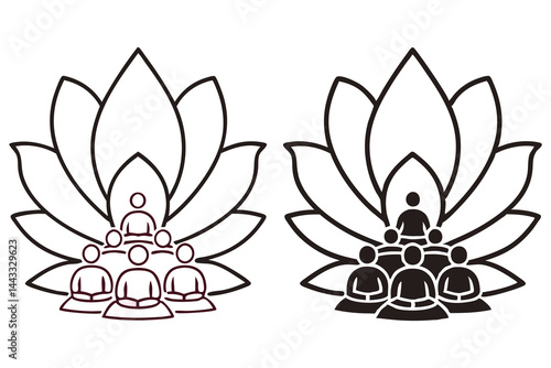 Meditating figures assemble before two lotus flowers depicted as outline symbols on a white background