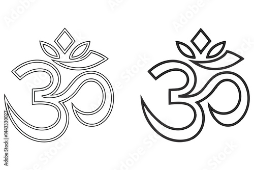 Outline drawing shows black and white Om symbol variations on a white backdrop