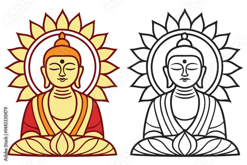 Two Buddha figures meditating peacefully, one is colorful and one in line art style