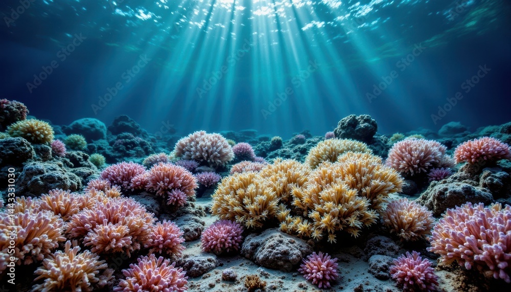 Fototapeta premium A vibrant underwater scene showcasing colorful coral formations illuminated by sunlight streaming through the water's surface.