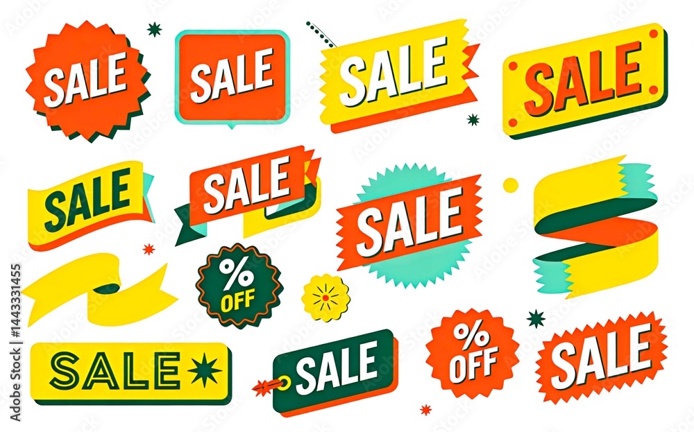 a set of vibrant, dynamic sale-themed illustrations including banners, red ribbons, tags, and stickers on a transparent background. Word SALE. a set of vibrant, dynamic sale-themed illustrations including banners, red ribbons, tags, and stickers on a transparent background. Word SALE.