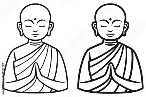 Two bald Asian monks meditate peacefully with hands pressed together in prayer outline style transparent background