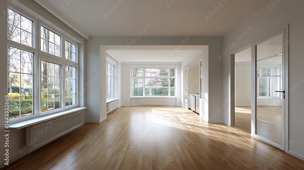 Fototapeta premium Sunlit empty room with hardwood floors and large windows