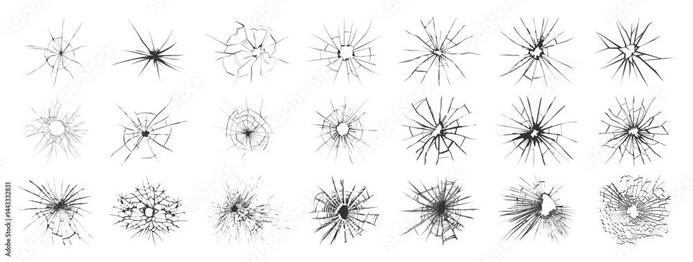 Realistic Broken and Shattered Glass Vector Set Isolated on Transparent. High Resolution Crack and Bullet Hole Vector Effects