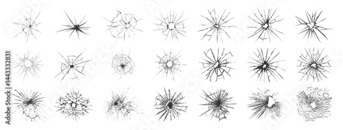 Realistic Broken and Shattered Glass Vector Set Isolated on Transparent. High Resolution Crack and Bullet Hole Vector Effects