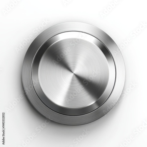 A round, metallic button or knob with a brushed steel texture, viewed from above, set against a white background.