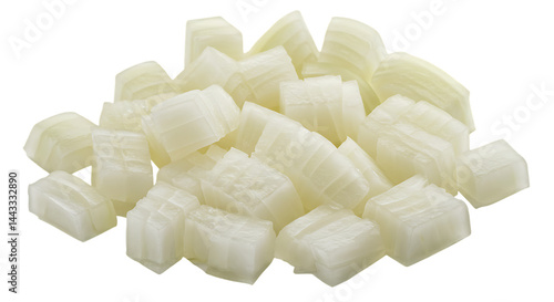 A collection of white onions arranged on a white background, emphasizing their clean, simple appearance | Chopped onion on transparent Background