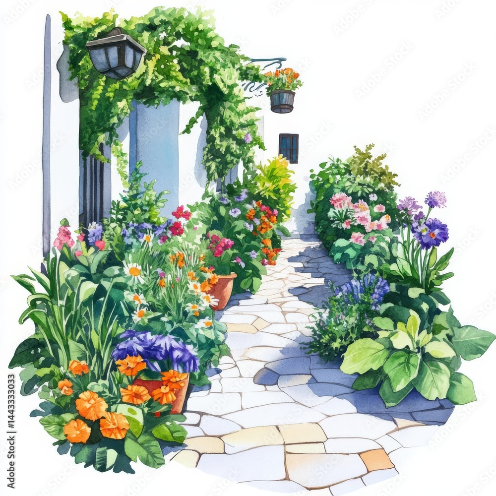 Naklejka premium A vibrant garden path adorned with colorful flowers and lush greenery, inviting serenity and beauty into the space.