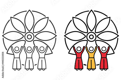 Three figures support a floral symbol, presented in both monochrome outline and vibrant color