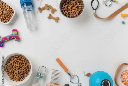 Flat Lay of Dog Supplies Including Food, Treats, and Accessories on White Background