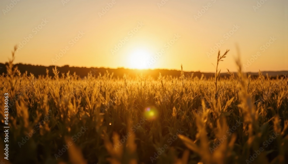 Fototapeta premium A golden sunset casts warm light over a field of tall grass, creating a serene and tranquil landscape.