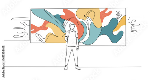Person admiring abstract mural art in vibrant colors  
