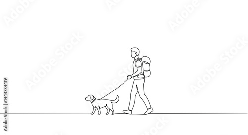 Person walking dog on leash against minimalistic background  