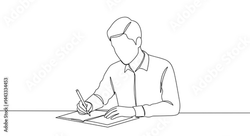 Man writing notes at a desk in a minimalist style  
