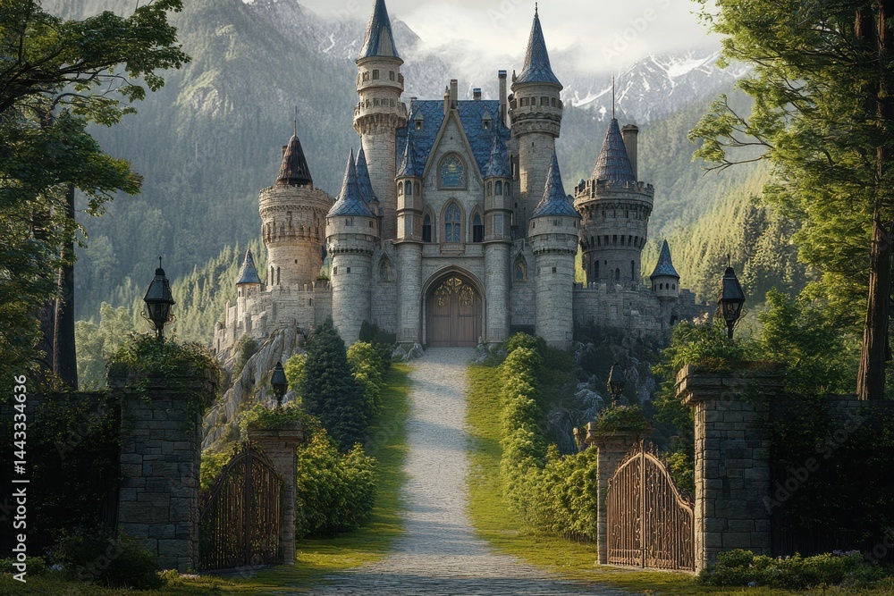 A long and impressive entrance road stretches toward a fairytale castle, evoking wonder and awe A long and impressive entrance road stretches toward a fairytale castle, evoking wonder and awe