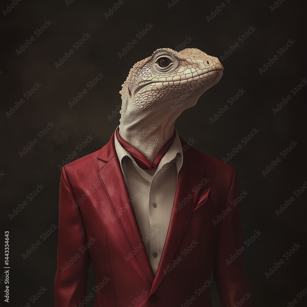 Reptilian Gentleman In Red Outfit Portrait Reptilian Gentleman In Red Outfit Portrait