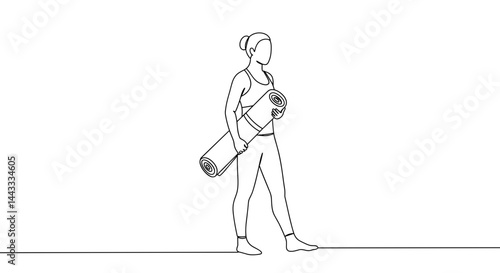 Woman carrying yoga mat walking in minimalist style  
